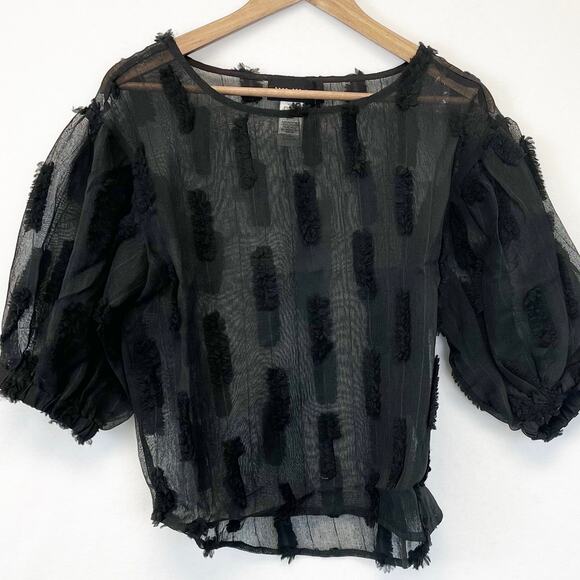 Know One Cares Womens S Textured Black Sheer Top Puff Sleeve Whimsy Fairy Gothic - Picture 1 of 5